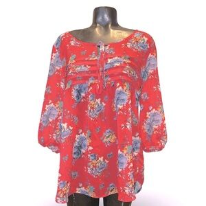 Eyeshadow Women's Medium Hot Pink Floral Boho Tunic Blouse 3/4 Sleeve Casual